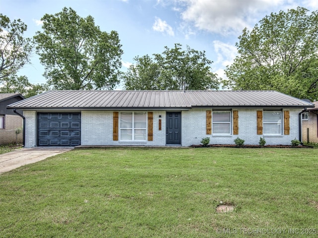 single story home featuring brick siding, driveway, a front lawn, and a garage