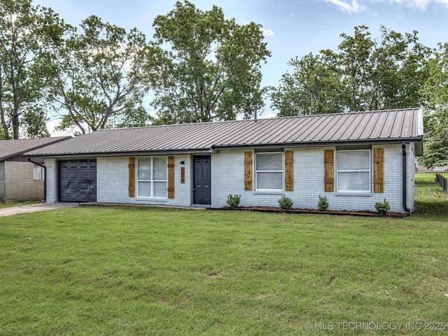 single story home featuring concrete driveway, brick siding, an attached garage, and metal roof