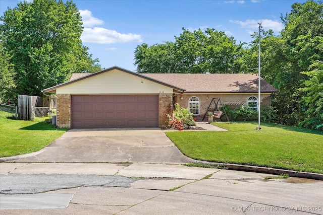 ranch-style home featuring driveway, a front yard, brick siding, fence, and an attached garage