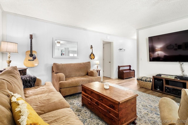 living area featuring a textured ceiling and wood finished floors