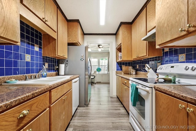 kitchen with decorative backsplash, a ceiling fan, white appliances, under cabinet range hood, and a sink