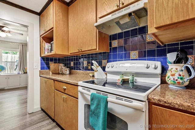 kitchen featuring crown molding, light wood finished floors, backsplash, under cabinet range hood, and white electric range