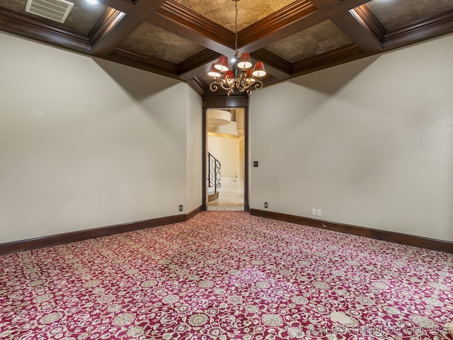 10910 S 69th E Ave, Tulsa, OK 74133 - carpeted spare room featuring coffered ceiling, crown molding, a chandelier, arched walkways, and beamed ceiling