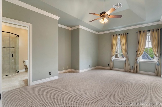 10910 S 69th E Ave, Tulsa, OK 74133 - unfurnished room with a ceiling fan, light colored carpet, a raised ceiling, and crown molding