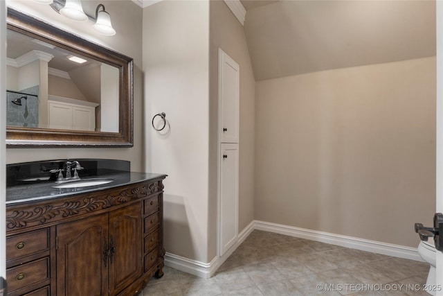 10910 S 69th E Ave, Tulsa, OK 74133 - full bathroom featuring vaulted ceiling, vanity, a shower, and tile patterned flooring