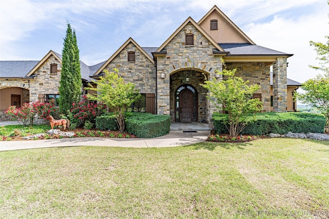 view of front of house with a shingled roof, stucco siding, a front yard, and stone siding