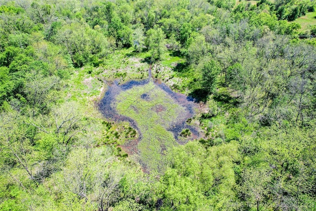 drone / aerial view featuring a wooded view