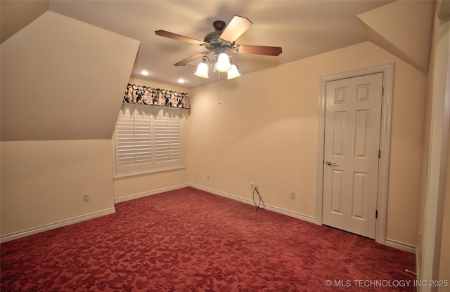 additional living space with recessed lighting, a ceiling fan, carpet, and vaulted ceiling