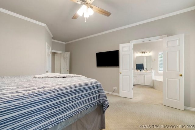 3401 N Narcissus Ave, Broken Arrow, OK 74012 - bedroom featuring baseboards, light colored carpet, crown molding, ensuite bathroom, and a ceiling fan