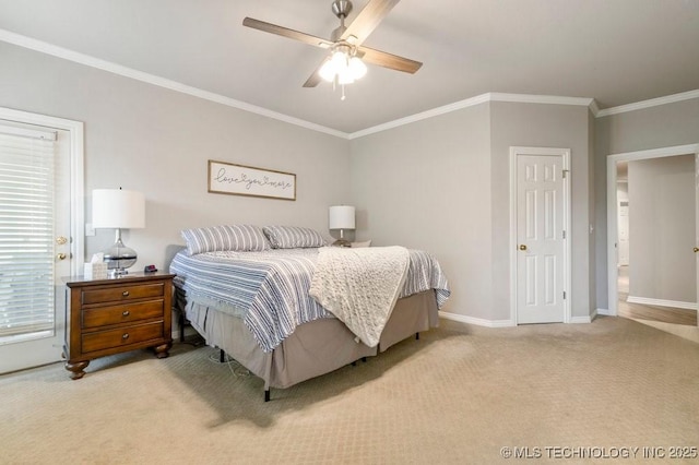 3401 N Narcissus Ave, Broken Arrow, OK 74012 - bedroom featuring carpet floors, ornamental molding, baseboards, and a ceiling fan