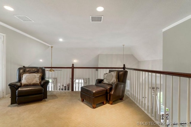 3401 N Narcissus Ave, Broken Arrow, OK 74012 - sitting room featuring lofted ceiling, ornamental molding, carpet flooring, and recessed lighting