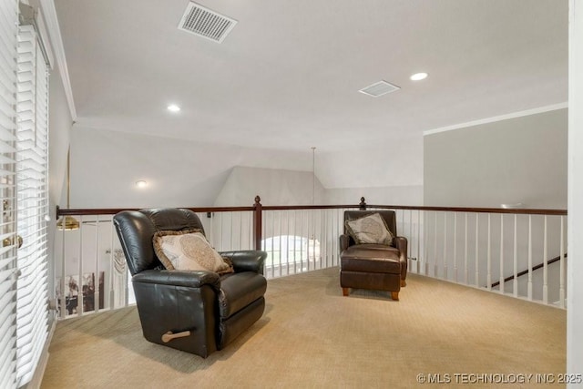 3401 N Narcissus Ave, Broken Arrow, OK 74012 - living area featuring carpet floors, crown molding, recessed lighting, an upstairs landing, and plenty of natural light