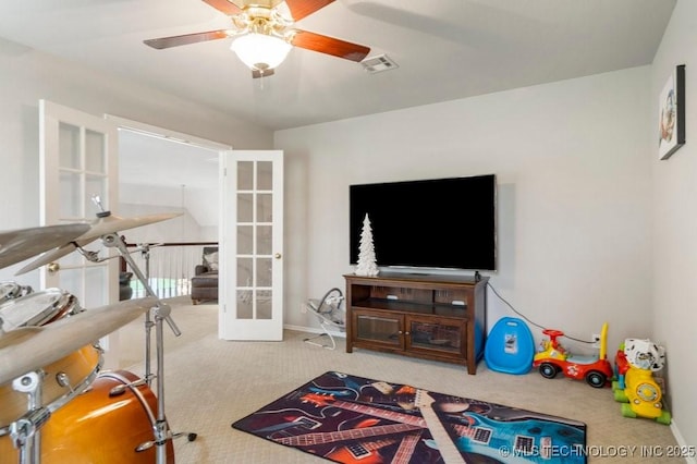 3401 N Narcissus Ave, Broken Arrow, OK 74012 - game room featuring french doors, carpet, ceiling fan, and baseboards
