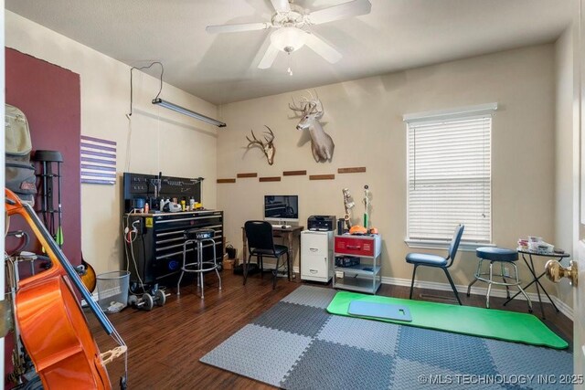 3401 N Narcissus Ave, Broken Arrow, OK 74012 - exercise area with wood finished floors, ceiling fan, and baseboards