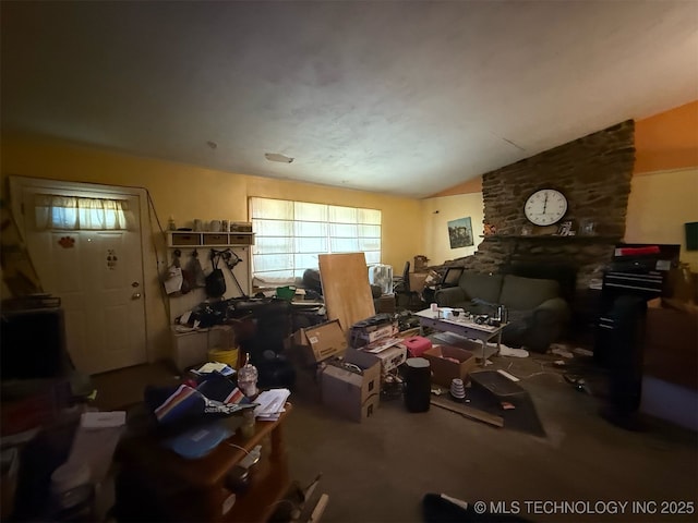 misc room with carpet floors and vaulted ceiling