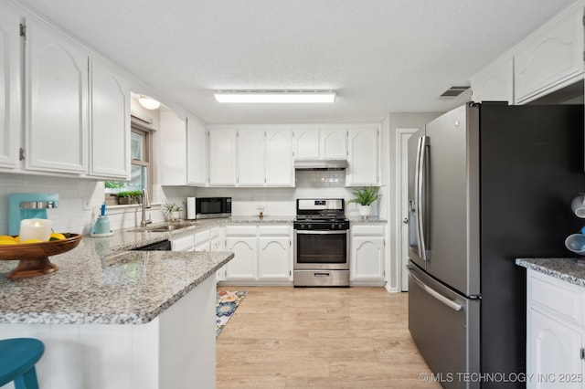 kitchen with a sink, appliances with stainless steel finishes, tasteful backsplash, and white cabinets