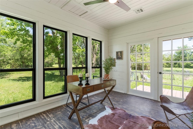 12415 N 75th E Ave, Collinsville, OK 74021 - sunroom featuring french doors, wooden ceiling, wood-type flooring, a deck, and wood walls