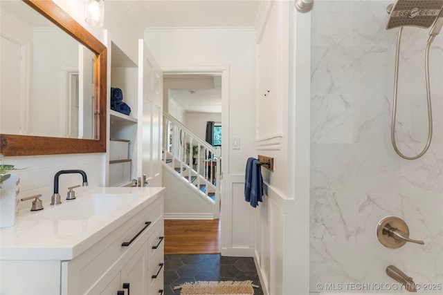 12415 N 75th E Ave, Collinsville, OK 74021 - bathroom with a marble finish shower, vanity, ornamental molding, and tile patterned floors