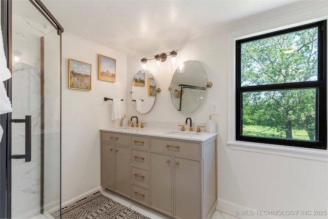 12415 N 75th E Ave, Collinsville, OK 74021 - bathroom with healthy amount of natural light, double vanity, a marble finish shower, crown molding, and tile patterned flooring