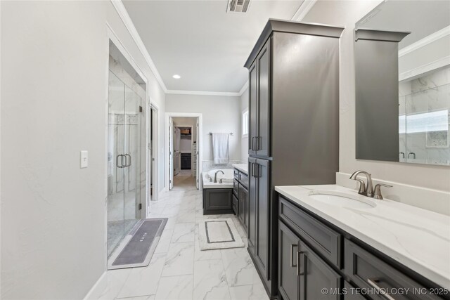 12509 S 102nd E Ave, Bixby, OK 74008 - bathroom with visible vents, ornamental molding, a shower stall, and marble finish floor