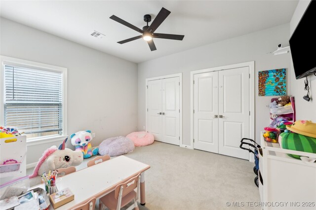12509 S 102nd E Ave, Bixby, OK 74008 - rec room featuring visible vents, a ceiling fan, and light colored carpet