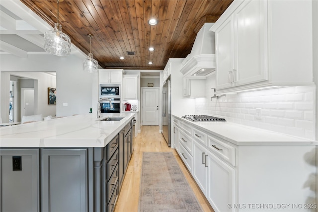 12509 S 102nd E Ave, Bixby, OK 74008 - kitchen with recessed lighting, light wood-type flooring, gray cabinets, wood ceiling, and a sink