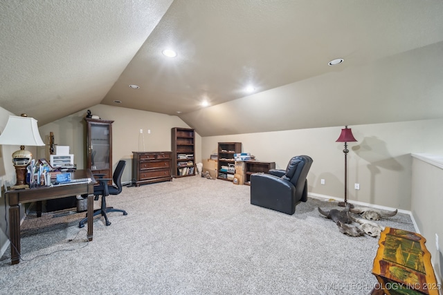 carpeted home office featuring baseboards, recessed lighting, a textured ceiling, and lofted ceiling