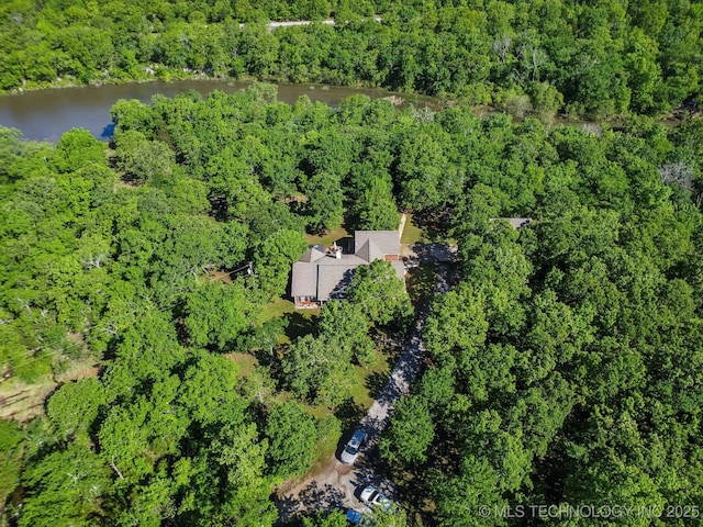 bird's eye view with a water view and a wooded view