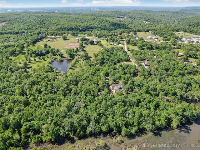 birds eye view of property featuring a wooded view