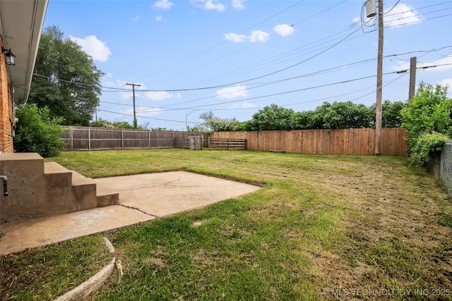 view of yard with a fenced backyard and a patio