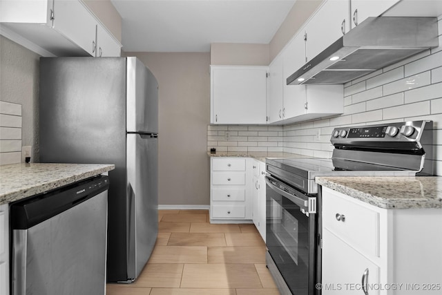 kitchen featuring decorative backsplash, stainless steel appliances, white cabinetry, and under cabinet range hood