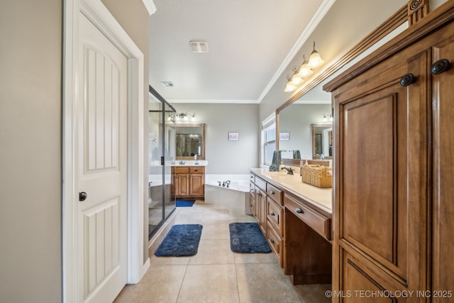 bathroom with a bath, crown molding, two vanities, a sink, and tile patterned floors