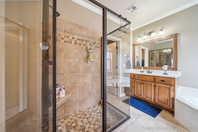 full bath with vanity, visible vents, ornamental molding, a bath, and a stall shower