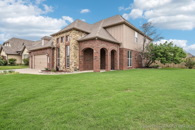 french country style house with concrete driveway, brick siding, an attached garage, and a front lawn