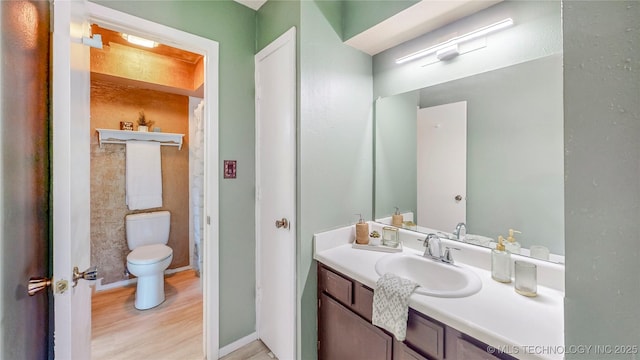 bathroom featuring toilet, wood finished floors, and vanity