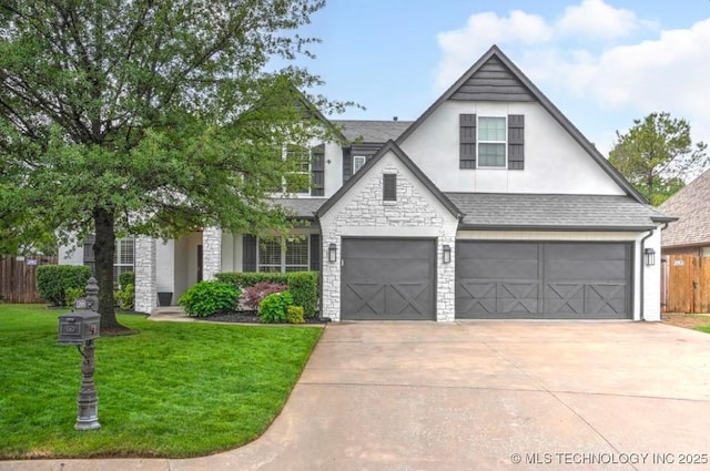 view of front facade featuring a front lawn, stone siding, a garage, stucco siding, and driveway