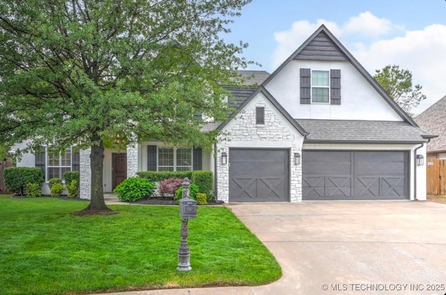 view of front of home featuring a garage, a front lawn, stone siding, stucco siding, and concrete driveway