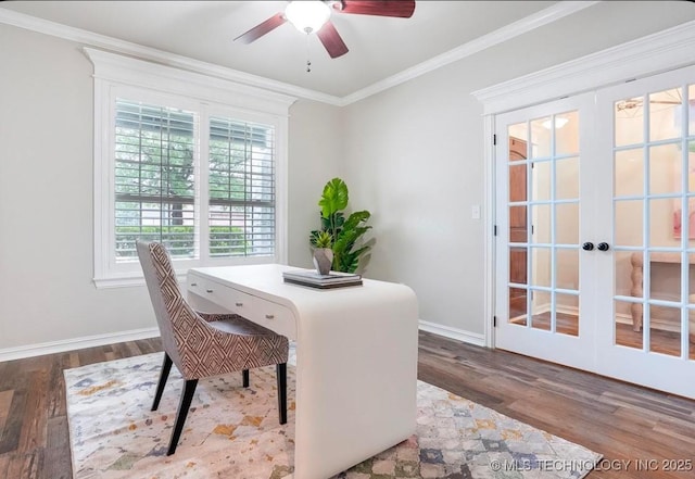 office area featuring french doors, a ceiling fan, wood finished floors, baseboards, and ornamental molding