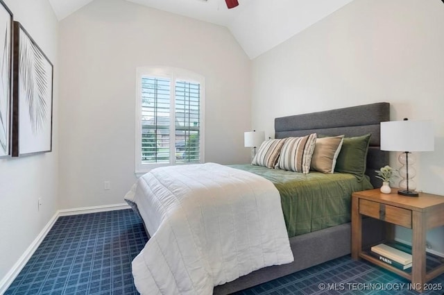 bedroom featuring carpet flooring, baseboards, ceiling fan, and lofted ceiling