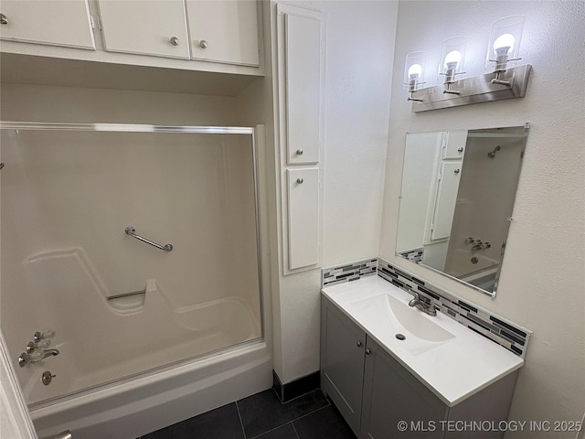 full bath featuring vanity, tile patterned floors, and a shower