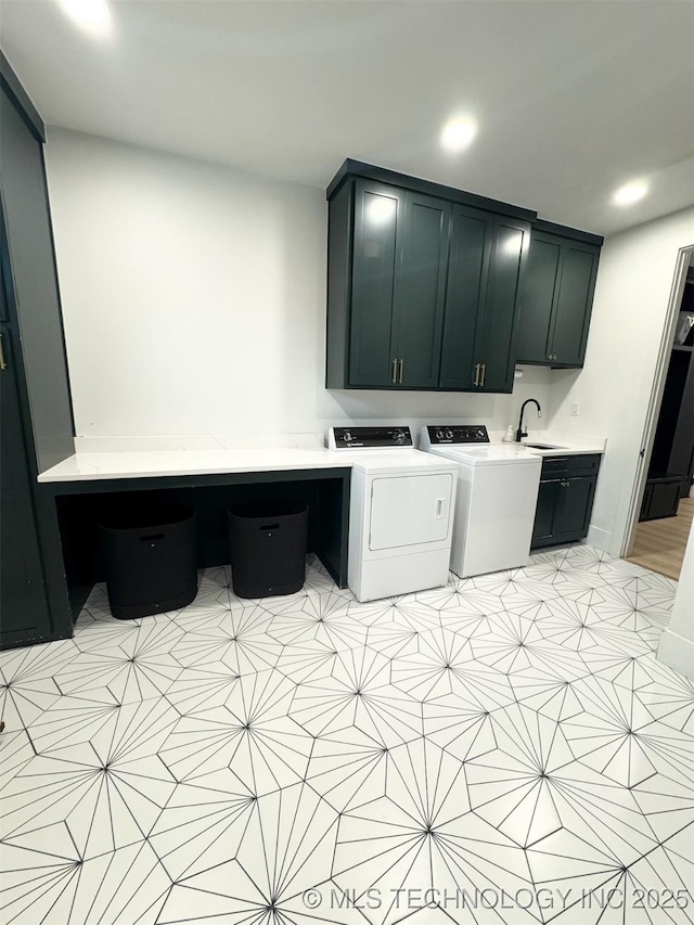 1583 E Clara Ct, Fort Gibson, OK 74434 - clothes washing area with light tile patterned flooring, recessed lighting, washing machine and clothes dryer, a sink, and cabinet space