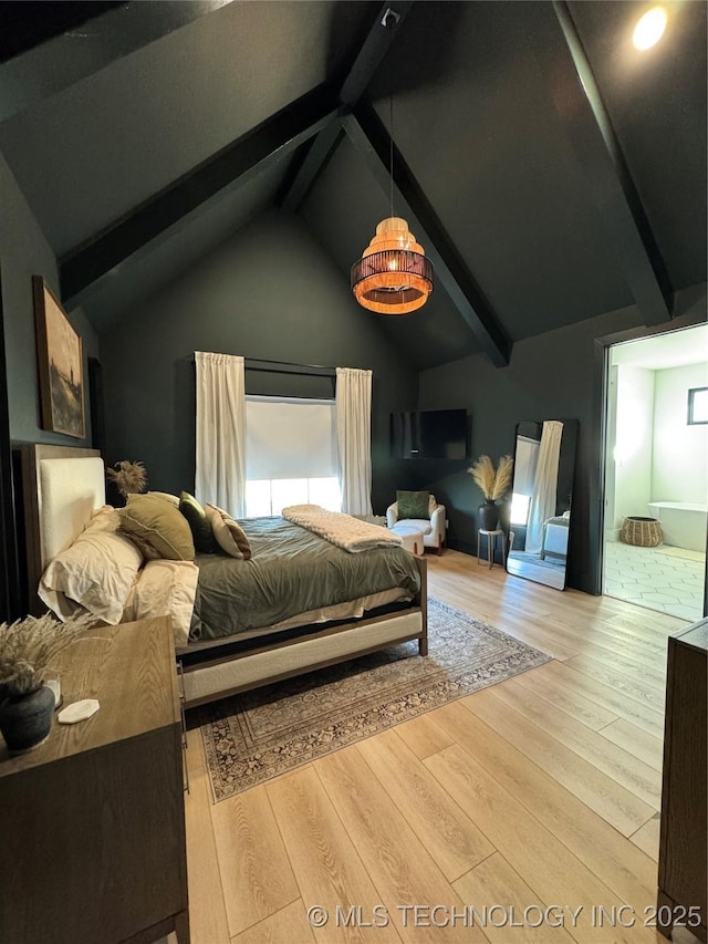 1583 E Clara Ct, Fort Gibson, OK 74434 - bedroom featuring lofted ceiling with beams, ensuite bath, and wood finished floors
