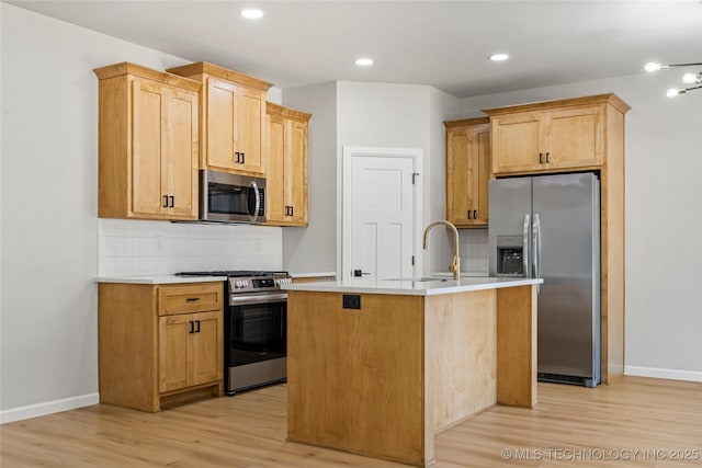 kitchen featuring light wood-type flooring, a sink, backsplash, and stainless steel appliances