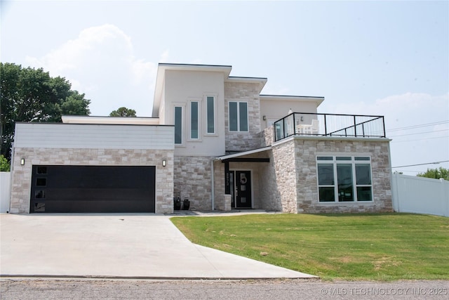 8973 Birch St, Kingston, OK 73439 - contemporary house with fence, a balcony, stone siding, a front yard, and driveway