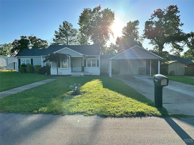 3210 Summit Blvd, Sand Springs, OK 74063 - single story home with driveway, a front yard, a carport, and a shed
