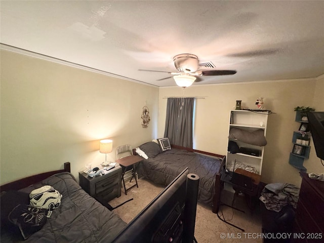 3210 Summit Blvd, Sand Springs, OK 74063 - carpeted bedroom with ornamental molding, ceiling fan, and a textured ceiling
