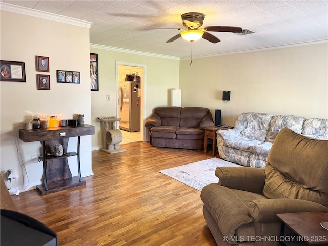 3210 Summit Blvd, Sand Springs, OK 74063 - living room with wood finished floors, ceiling fan, crown molding, and baseboards