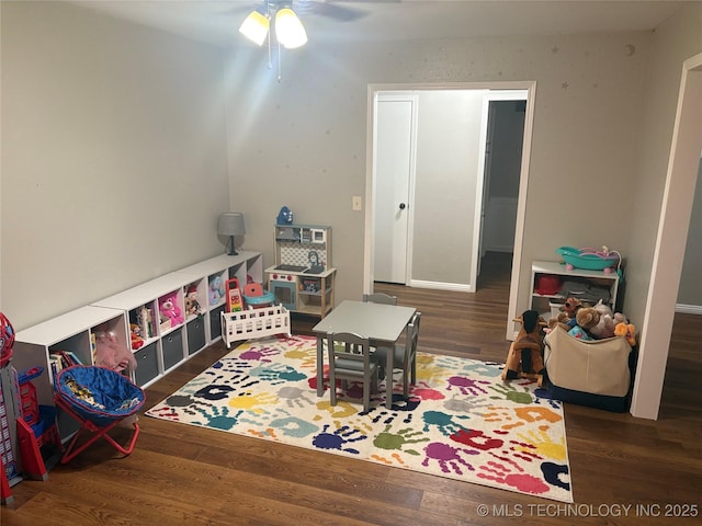 recreation room featuring ceiling fan and wood finished floors