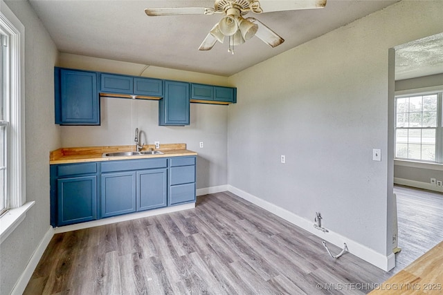kitchen with a sink, ceiling fan, and blue cabinetry