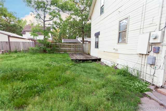 view of yard featuring a wooden deck and a fenced backyard